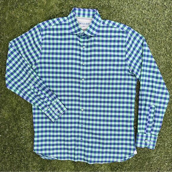 Twillory Performance Dress Shirt Leader Gingham Green Blue Plaid 4 Way Stretch L - Picture 1 of 10